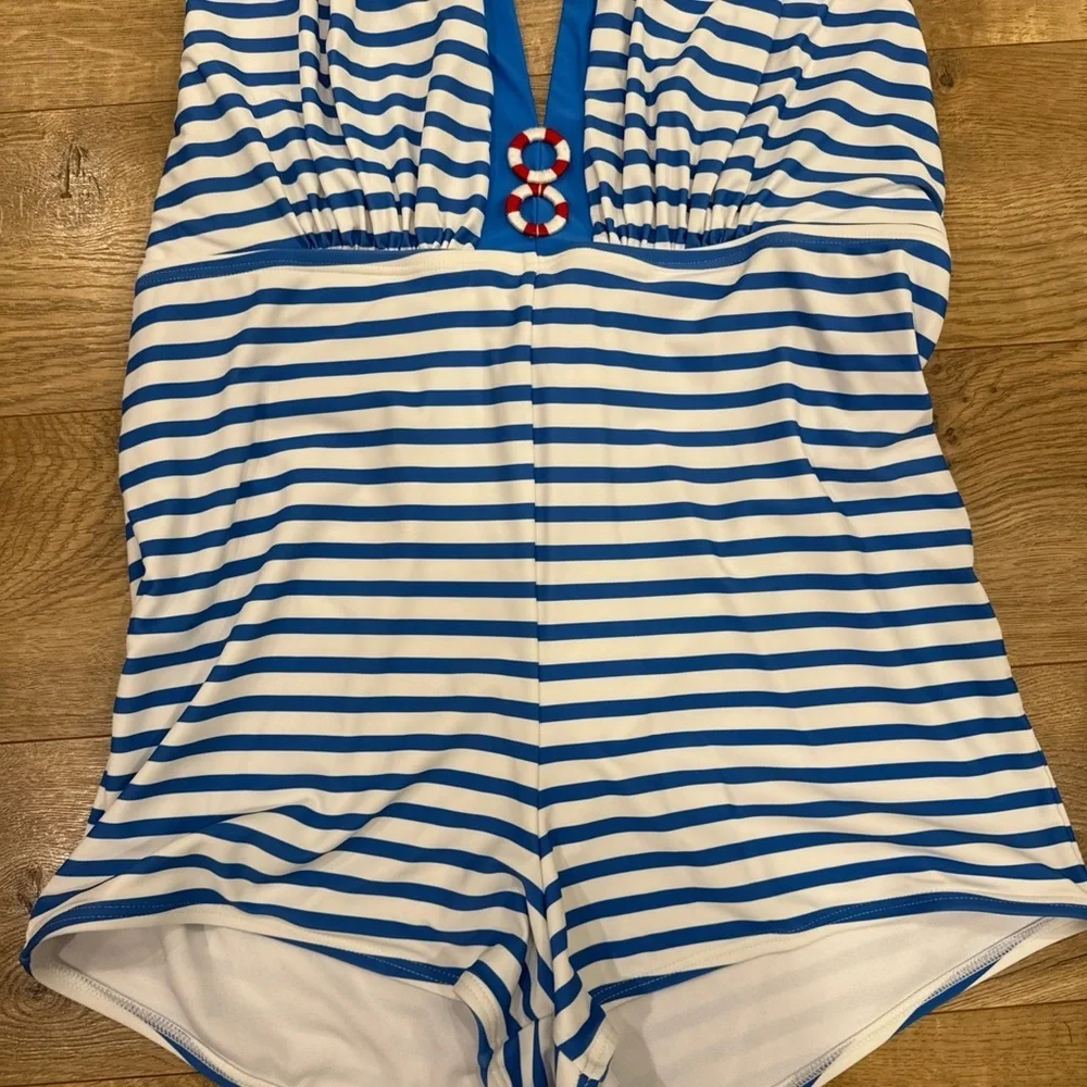 Unique Vintage Retro One Piece Swimsuit Blue/Wh Stripe 1X Rare Sailor Nautical